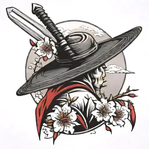 farmers hat and samurai sword on back, with black and white and cherry blossom tree in background and the moon tattoo design idea