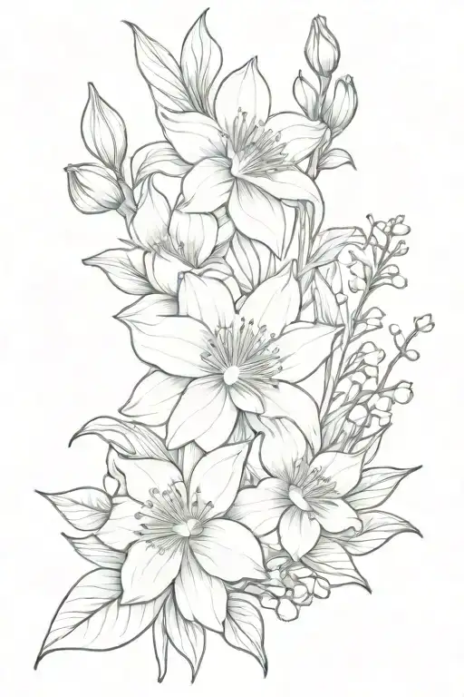 Daffodil, cosmos, chrysanthemum and holly bouquet tied tattoo design idea