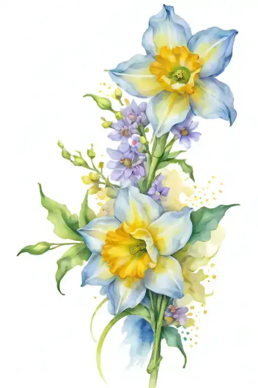 Daffodil, cosmos, chrysanthemum and holly bouquet tied tattoo design idea