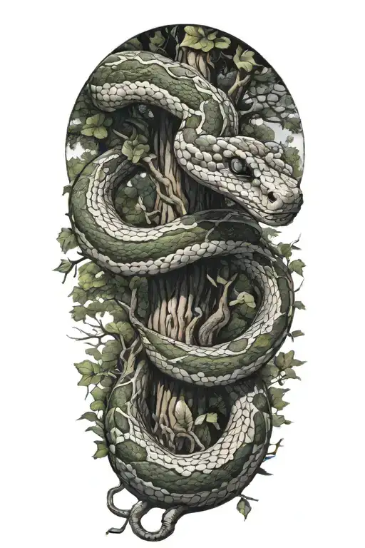 snake wrapped around a full oak tree  tattoo design idea