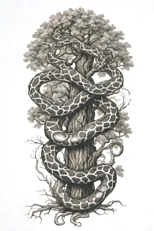 snake wrapped around a full oak tree with branches  tattoo design idea