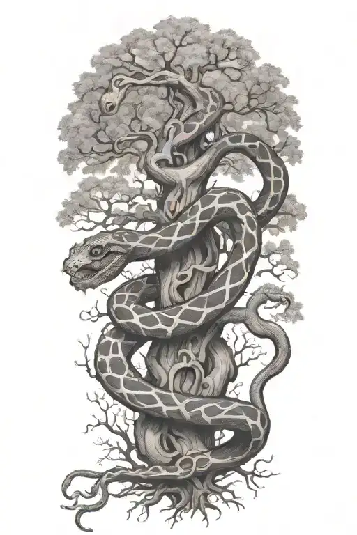 snake wrapped around a full oak tree with branches  tattoo design idea