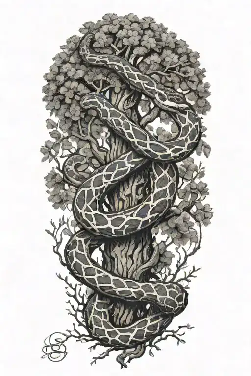 snake wrapped around a full oak tree with branches  tattoo design idea