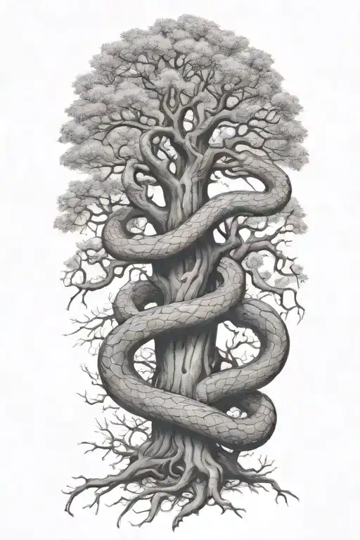 snake wrapped around a full oak tree with branches  tattoo design idea