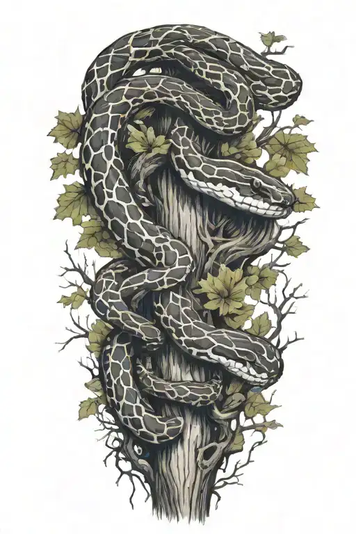 snake wrapped around a full oak tree blood dripping  tattoo design idea