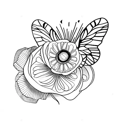 Papillon divisé avec un côté floral et un côté papillon afin de creer une composition en rajoutant un trèfles à 6 feuill tattoo design idea