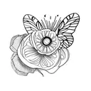 Papillon divisé avec un côté floral et un côté papillon afin de creer une composition en rajoutant un trèfles à 6 feuill tattoo design idea