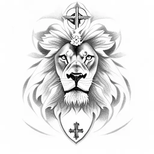 cross of christ with a rose encircling it. At the left end is a lion's head. At the right end a wolf's head. tattoo design idea