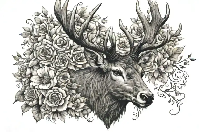 stag head with flowers tattoo design idea
