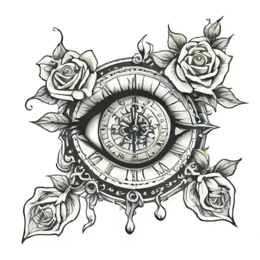 2 eye clock with a tear and a rose tattoo design idea