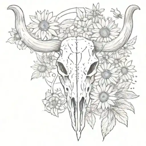 longhorn skull and daisies and sunflower and sun and cross and country  tattoo design idea