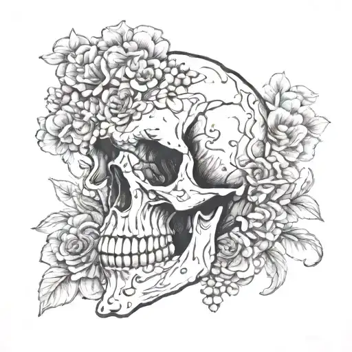 A detailed skull with one half morphing into blooming flowers, blending life and death into a single image. tattoo design idea