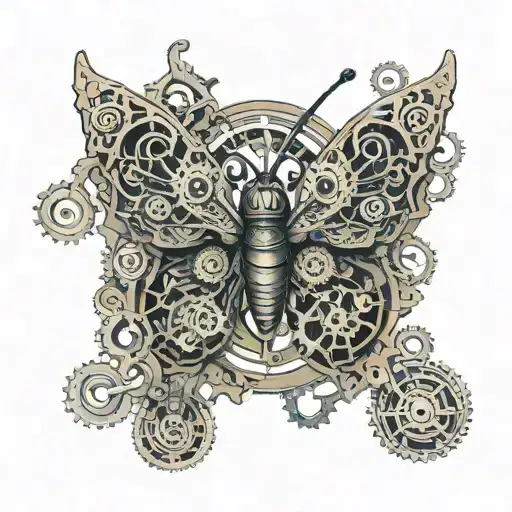 A butterfly with wings made of intricate clockwork gears, representing the fusion of nature and technology tattoo design idea