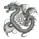 A dragon intertwined with a lotus flower, representing power and peace in a harmonious balance. tattoo design idea