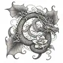 A dragon intertwined with a lotus flower, representing power and peace in a harmonious balance. tattoo design idea