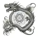 A dragon intertwined with a lotus flower, representing power and peace in a harmonious balance. tattoo design idea