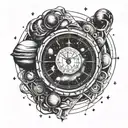 A surreal wristwatch where the clock face is a portal to a galaxy, with planets and stars orbiting around instead of num tattoo design idea
