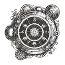 A surreal wristwatch where the clock face is a portal to a galaxy, with planets and stars orbiting around instead of num tattoo design idea