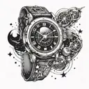 A surreal wristwatch where the clock face is a portal to a galaxy, with planets and stars orbiting around instead of num tattoo design idea