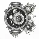 A surreal wristwatch where the clock face is a portal to a galaxy, with planets and stars orbiting around instead of num tattoo design idea