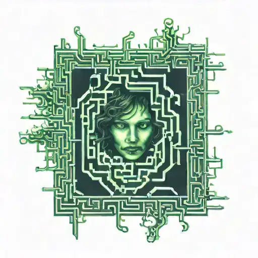 A surreal scene of a person trapped in a dark maze with green eyes glowing in the darkness, representing the struggles of depression tattoo design idea