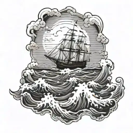 A surreal landscape of a stormy sea with a sinking ship symbolizing heartbreak tattoo design idea