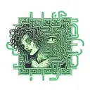 A surreal scene of a person trapped in a dark maze with green eyes glowing in the darkness, representing the struggles of depression tattoo design idea