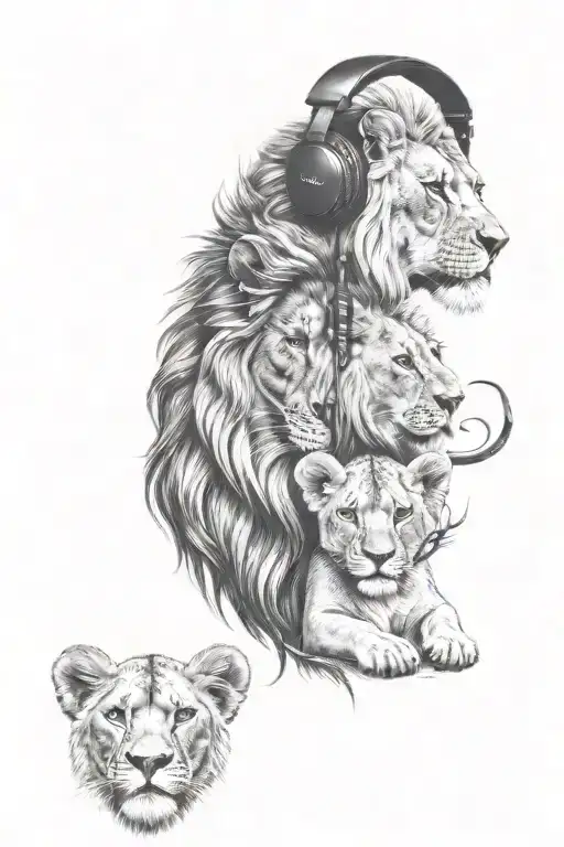 lion in headphones with a pride of lioness and 4 lion cubs tattoo design idea