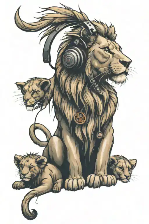 Lion wearing headphones with a cross, lioness, 4 lion cubs tattoo design idea
