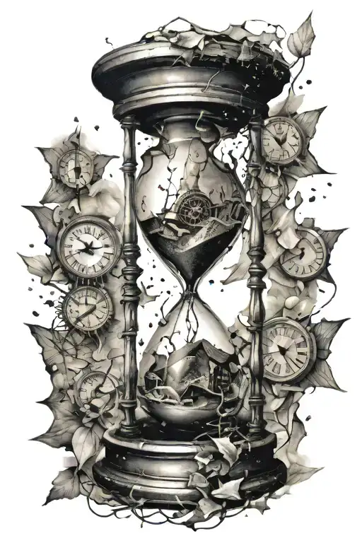 shattered hourglass with clocks inside symbolizing time  tattoo design idea
