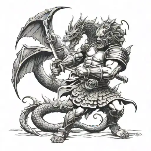 A Roman gladiator fighting a dragon, symbolizing the client's passion for Rome and Dragon Ball tattoo design idea