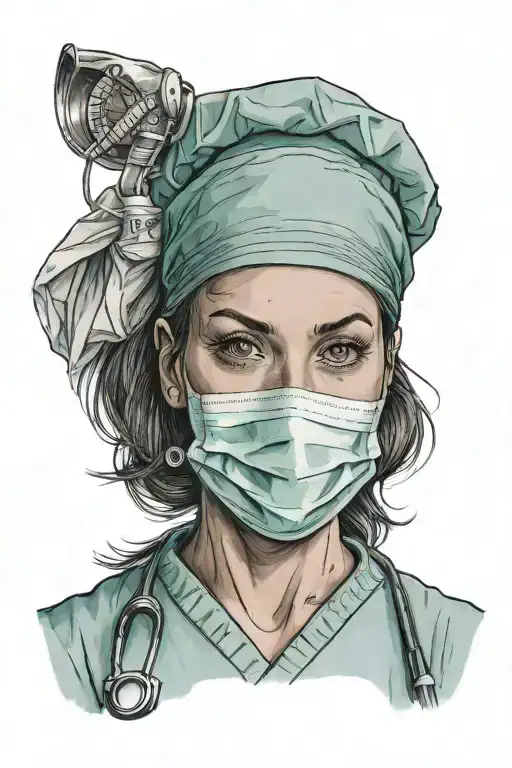 A female surgeon wearing scrubs, a scrub cap, and a surgical mask. She's standing proudly, arms crossed. tattoo design idea