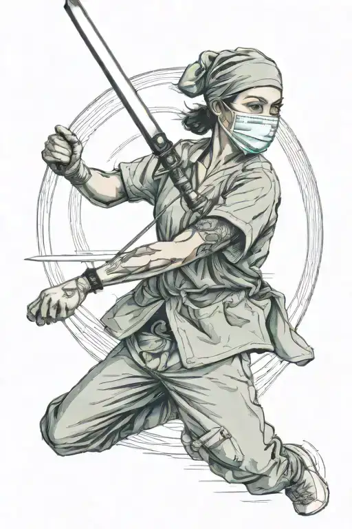 Female surgeon wearing scrubs, a scrub cap, and a surgical mask, wielding a thin sword tattoo design idea