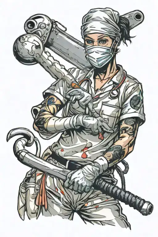 A female surgeon wearing scrubs, a scrub cap, and a surgical mask. She's standing proudly, wielding a sword. tattoo design idea