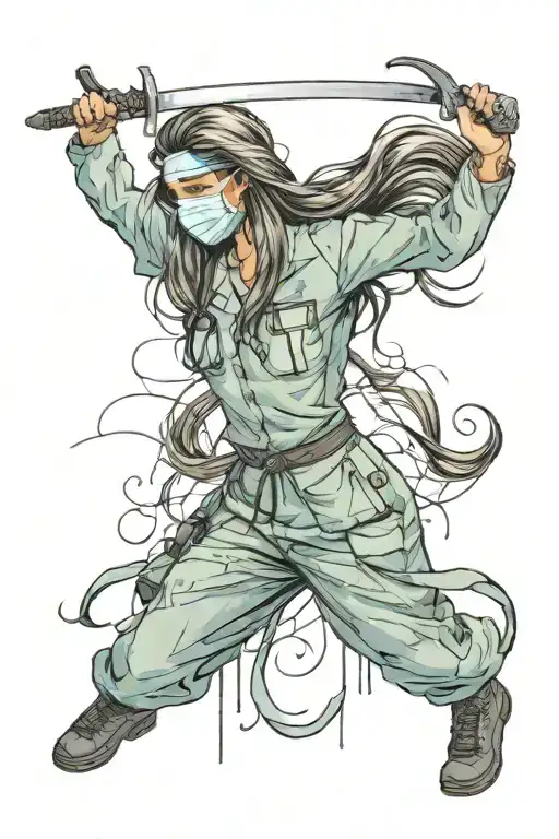 Female surgeon with long hair, wearing scrubs and a surgical mask, wielding a sword tattoo design idea