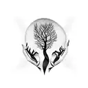upside down tree scales hands eye fire tattoo design idea