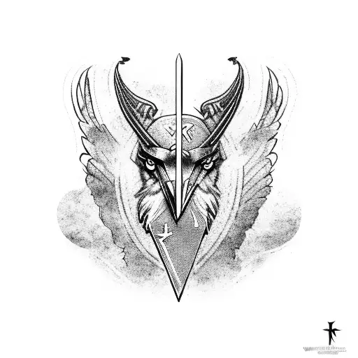 norse mythology, two ravens, one wolf, Tyr rune symbol, Valknut symbol, odin´s horns, thor´s hammer tattoo design idea