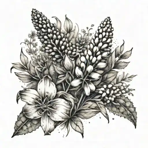 A botanical sleeve tattoo showcasing a variety of wildflowers like lupines, asters, and buttercups in a realistic style tattoo design idea