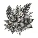 A delicate and intricate design featuring lupines, asters, and buttercups blooming together in a harmonious composition tattoo design idea