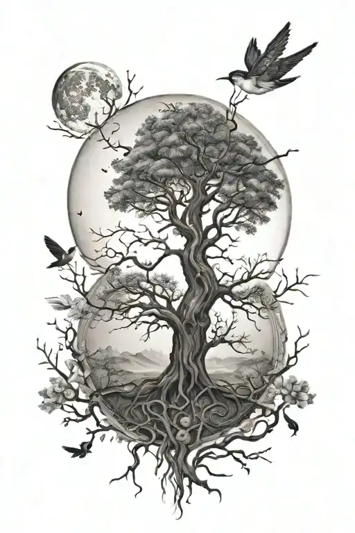 tree of life moon bird realism tattoo design tattoo design idea
