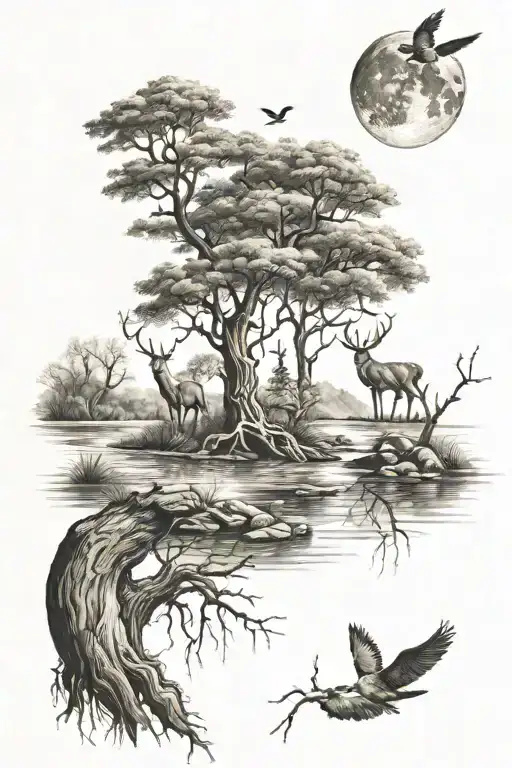 tree moon birds deer river flowing tattoo design idea