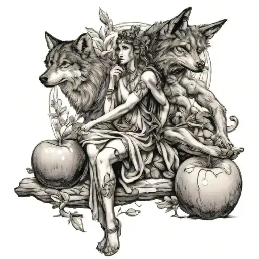 Athena, the goddess holding an apple, wolf stands beside her, Beneath them Newton's quote  tattoo design idea