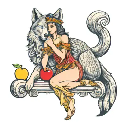How about a tattoo featuring Athena, the goddess of wisdom, holding an apple symbolizing knowledge, while a wolf stands  tattoo design idea