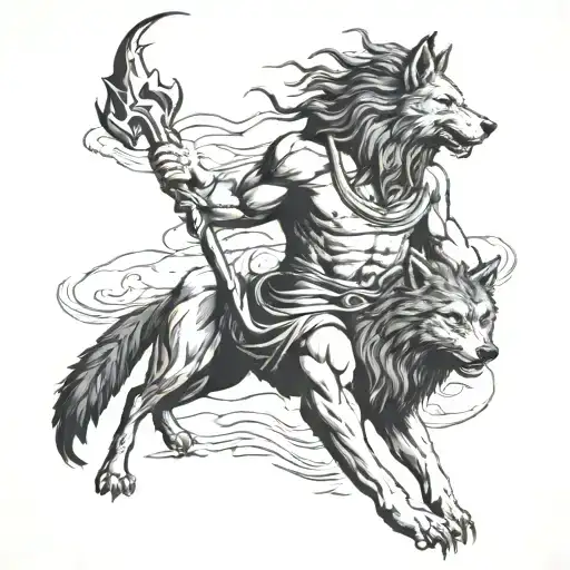 Zeus the Greek, holding a lightning bolt, while a wolf stands beside him, with a trail leading from the center outward.  tattoo design idea