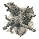 Zeus, holding a lightning bolt, while a wolf stands beside him, with a trail leading from the center outward.  tattoo design idea