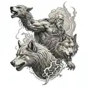 Zeus, holding a lightning bolt, while a wolf stands beside him, with a trail leading from the center outward.  tattoo design idea