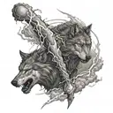 Zeus, holding a lightning bolt, while a wolf stands beside him, with a trail leading from the center outward.  tattoo design idea
