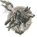 Zeus, holding a lightning bolt, while a wolf stands beside him, with a trail leading from the center outward.  tattoo design idea