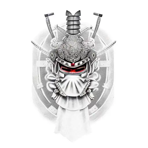 hombre samurai con armadura, dos katanas y una mascara oni tattoo design idea