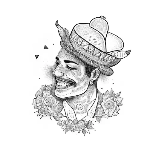 Blackwork tattoo style, map of Colombia, decorated with flowers inside and with a typical Colombian hat tattoo design idea